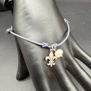 925 Sterling Silver Fleur de‎ Lis Pearl Pendant Adjustable Leather Cord Bracelet